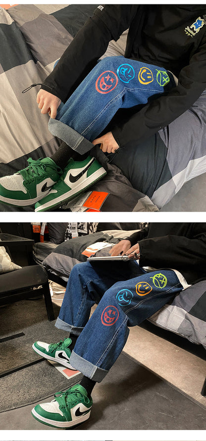 Black Jeans for Men Colorful Smiley Print Straight Leg Denim Pants Teen Hip Hop Clothes Male Baggy Trousers Oversized Streetwear