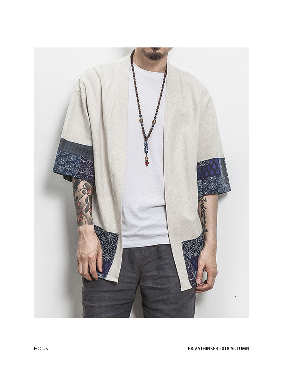 Men Color Block Kimono Black Shirts  Mens Fashions Casual Summer Shirts Male Designer Vintage Shirt Plus Size