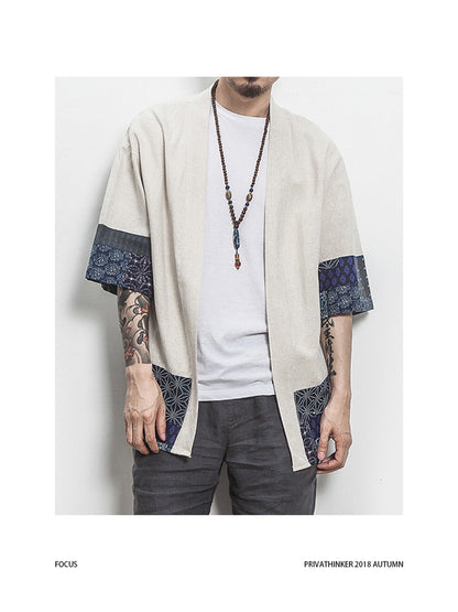 Men Color Block Kimono Black Shirts  Mens Fashions Casual Summer Shirts Male Designer Vintage Shirt Plus Size