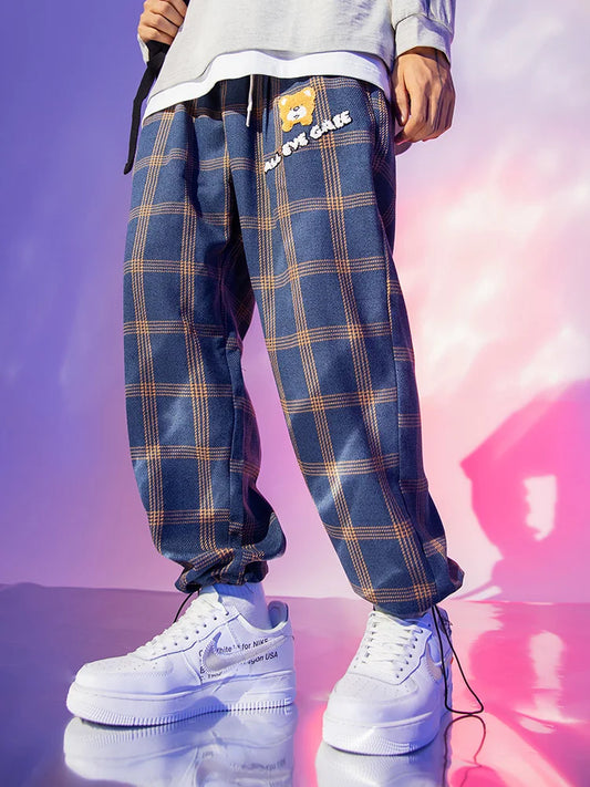 saferido Sweatpants Plaid pants men's national fashion large men's elastic pants add fat men's pants fashion fat man spring pants men's pants