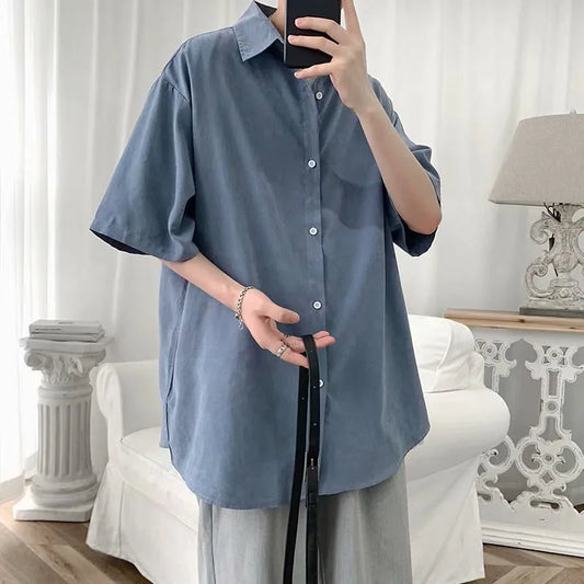 saferido Summer HIP HOP loose short sleeve shirt Korean solid color 5 / 5 sleeve shirt student fashionable and handsome inch coat shirts
