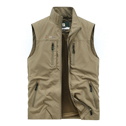 Men's Leisure Vest Solid Color Tooling Style Waistcoat Thin Fishing Hiking Multi-Pocket Casual Loose Vest for Men