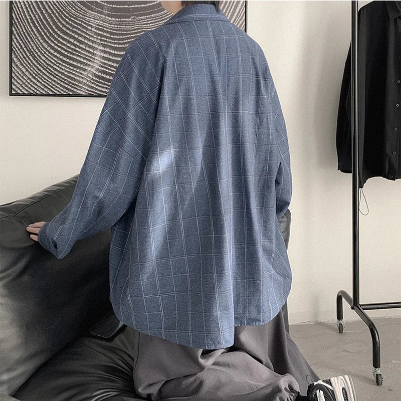 Oversize Plaid Long Sleeve Shirts Men Preppy Trendy All-match Causal Retro Chic Outerwear Male Classic Basic Daily Korean