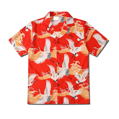 Harajuku Men Shirts Black Flower Print Short Sleeve Single Breasted Loose Shirt  Hip Hop Beach Casual Streetwear Unisex