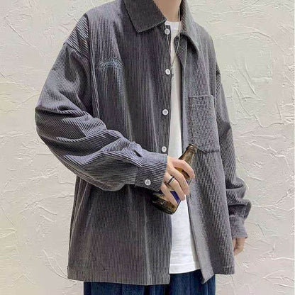 saferido       Men's shirt casual Korean ruffian handsome corduroy jacket trend Harajuku all-match Hong Kong style autumn long-sleeved shirt