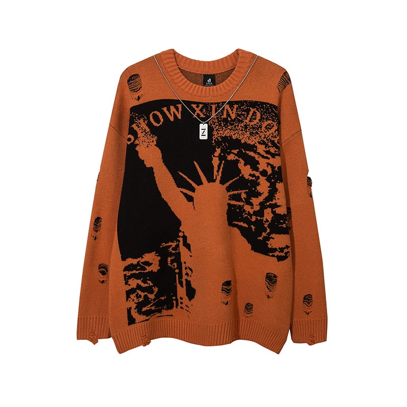 Harajuku Printed Knitwears Women Streetwear Hip Hop Destroyed Hole Ripped Pullovers Jumper Oversized Men