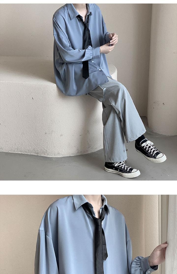 Black Long-sleeved Shirts Men Korean Comfortable Blouses Casual Loose Single Breasted Shirt With Tie