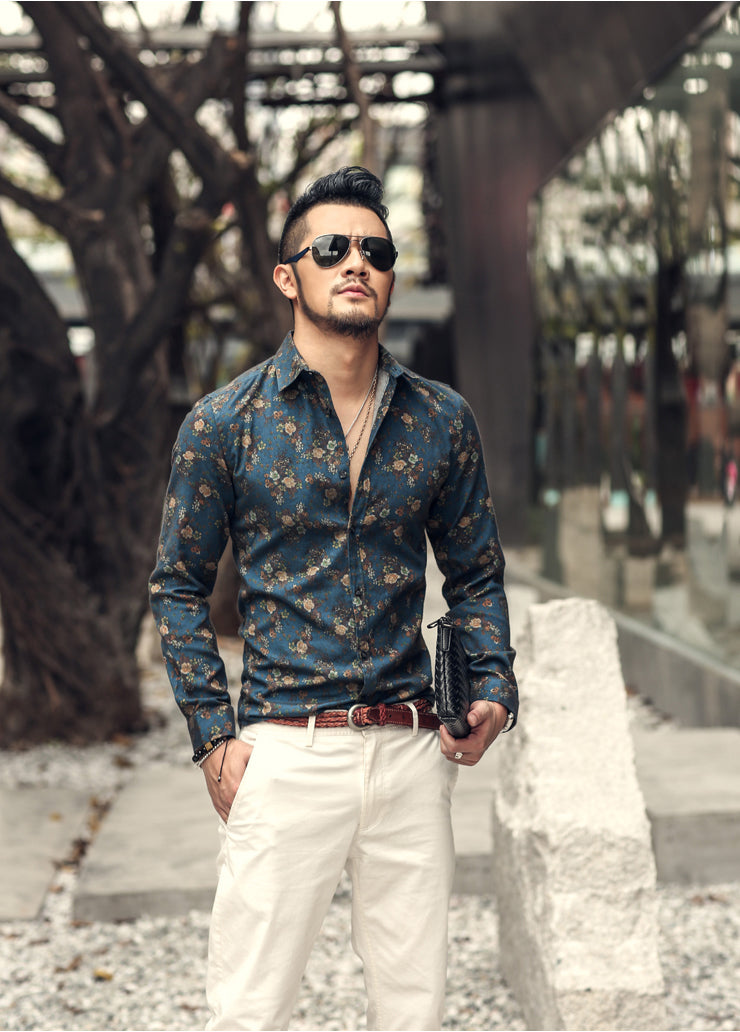 Autumn Men's Long Sleeve Shirt Lapel Print Shirts for Men Classic Vintage Shirt Casual Streetwear Tops Slim Fit Handsome Blouse