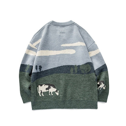 Men Cows Vintage Winter Sweaters Pullover Mens O-Neck Korean Fashions Sweater Women Casual Harajuku Clothes