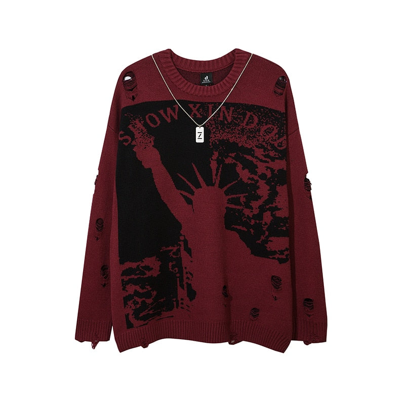 Harajuku Printed Knitwears Women Streetwear Hip Hop Destroyed Hole Ripped Pullovers Jumper Oversized Men