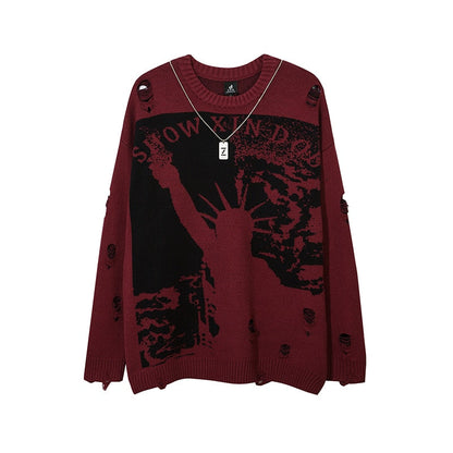 Harajuku Printed Knitwears Women Streetwear Hip Hop Destroyed Hole Ripped Pullovers Jumper Oversized Men