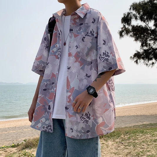 saferido shirt men's couple's Hawaiian Flower short sleeve coat fashion Korean summer quarter sleeve harajuku shirts for men