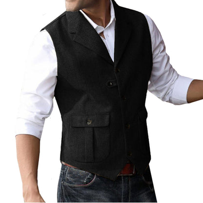 Men's 5 Button Herringbone Tweed Tailored Collar Suit Vest 2 Pockets Casual Victorian Style