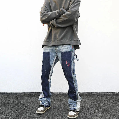 Distressed Splash Ink Flare Jeans Urban Streetwear Patch Mens Graffiti Wide Jean Hip Hop Washed Blue Slim Fit Denim Pants Men
