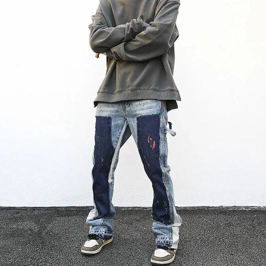 Distressed Splash Ink Flare Jeans Urban Streetwear Patch Mens Graffiti Wide Jean Hip Hop Washed Blue Slim Fit Denim Pants Men