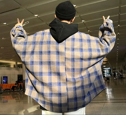 saferido harajuku block plaid block men's men streetwear men's thick, manly sleeve shirts of vintage Korean fashion clothes HIP HOP