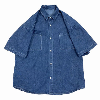 saferido Denim Shirts Male Harajuku Denim Shirt For Men Korean Oversized Casual Streetwear Short Half Sleeve Vintage Fashion