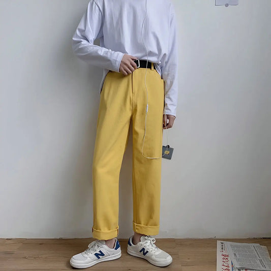 saferido Korean Style Men's Solid Color Casual Pants Fashion Trend Yellow Straight Pants Popular Loose Streetwear Trousers M-3XL