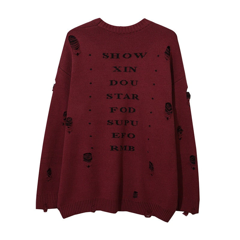 Harajuku Printed Knitwears Women Streetwear Hip Hop Destroyed Hole Ripped Pullovers Jumper Oversized Men