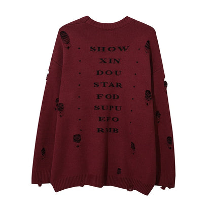 Harajuku Printed Knitwears Women Streetwear Hip Hop Destroyed Hole Ripped Pullovers Jumper Oversized Men