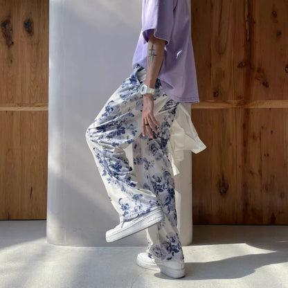 saferido Spring Summer Flower Pants Men's Fashion Printed Casual Pants Men Streetwear Loose Hip-hop Straight Wide-leg Pants Mens Trousers