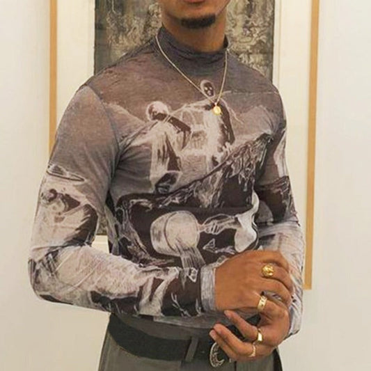 Men T Shirt Turtleneck Mesh Transparent Printed Sexy Long Sleeve Fitness Party Camisetas Streetwear Undershirt