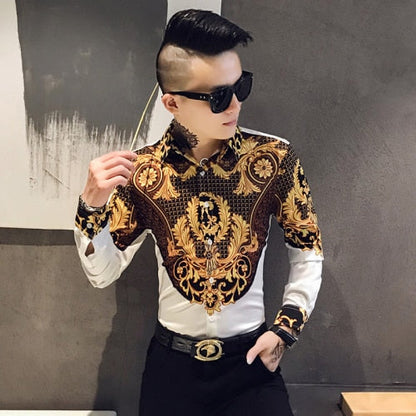 Luxury Paisley Black Gold Printed Shirt Men's Royal Club Clothing Korean Men's Long Sleeve Slim Long Sleeve Shirt Tuxedo Shirt