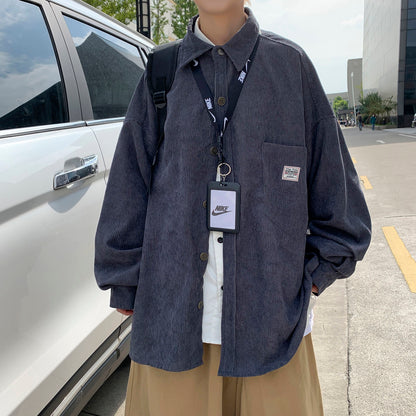 Men's Corduroy Long Sleeve Shirts Autumn Korean Shirt Unisex Fashion Casual Oversize Shirt Printed Clothing