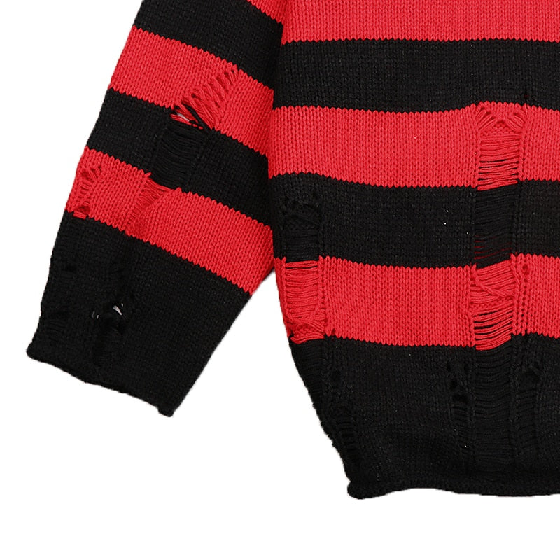 Hip Hop Striped Knitted Sweater Mens Womens Harajuku Hole Knit Jumpers Oversized Streetwear Casual Loose O-Neck Pullover Couples