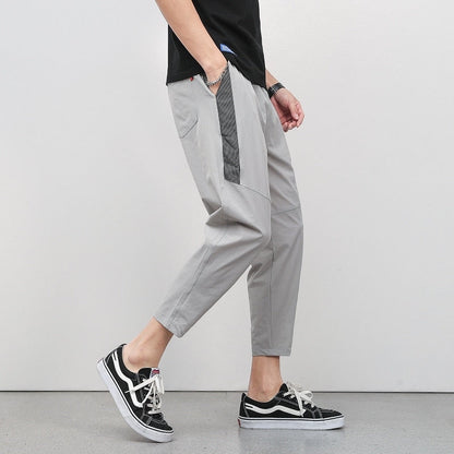 Korean Summer Men'S Thin Splicing 9-Point Pants Ice Silk Ventilation Trend Straight Tube Loose Elastic Legged Casual Trousers