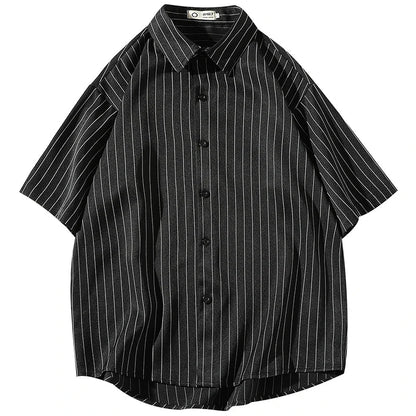 saferido Ruffian handsome black collared shirt men's summer casual loose Vertical Stripe shirt Short Sleeve Korean fashion handsome coat