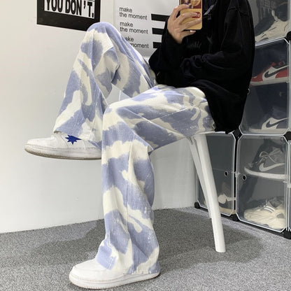 Blue Black Tie-dye Jeans Men Fashion Print Casual Baggy Jeans Mens Streetwear Loose Hip-hop Straight Denim Trousers Men M-2XL