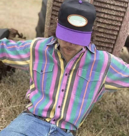 Men Long Sleeve Color Striped Shirt Dress Fashion Loose Button Shirts Turn-down Collar Blouse Men Hip-hop Streetwear Camisas