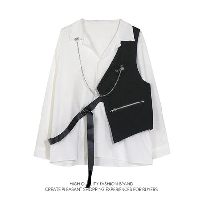 Japanese Functional Cargo Shirt Handsome High Street Long Sleeved Shirt Men Women Dark American Hip Hop Dark Black Chain Blouse