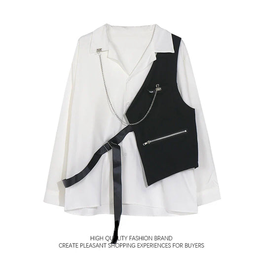 Japanese Functional Cargo Shirt Handsome High Street Long Sleeved Shirt Men Women Dark American Hip Hop Dark Black Chain Blouse