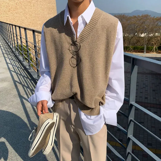 Man Clothes Smooth Solid Color Vest Plain Knitted Sweaters for Men Waistcoat Sleeveless Over Fit Knit Korean Fashion Warm Cheap