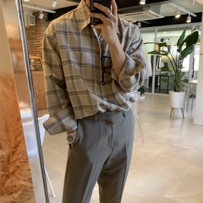 Men Casual Plaid Shirts Single Breasted Long Sleeve Loose Blouse Male Korean Chic Streetwear Fashion All-match Outwear