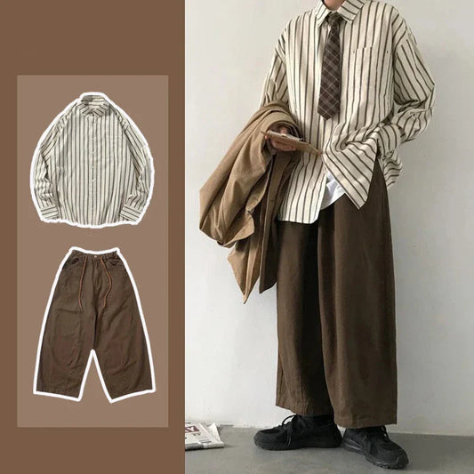 Men Vintage Set Spring Autumn Couple Casual Suits New Stripe Loose Long Sleeve Shirt+High Street Wide Leg Pants Two Piece Set