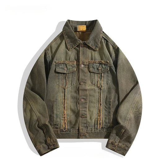 Men and Women Washed Distressed Raw Edged Denim Jacket European American Heavy Industry Handsome Loose Casual Street Punk Jacket