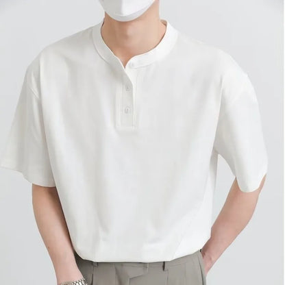 Men's Clothing Luxury Henry Collar T-Shirt Vintage Casual Button-down Solid Color Short Sleeve Tees for Men Breathable Leisure