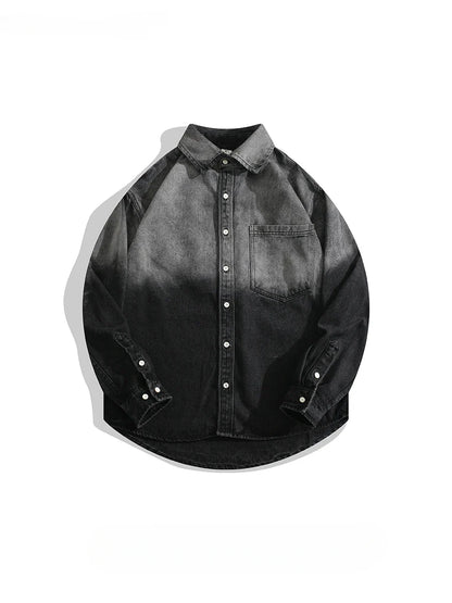 Men's Lapel Handsome Black Grey Gradient Denim Shirt Jacket Spring Autumn Trendy Street Casual Versatile Single-breasted Shirts
