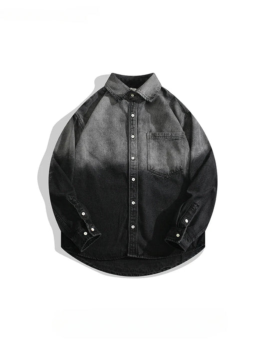 Men's Lapel Handsome Black Grey Gradient Denim Shirt Jacket Spring Autumn Trendy Street Casual Versatile Single-breasted Shirts