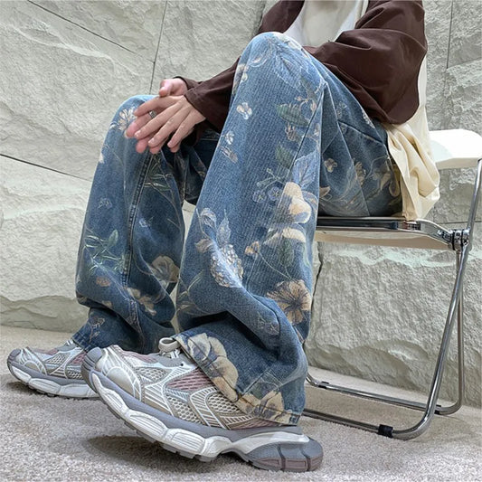 Mens Fashion Printed Jeans Spring Floral Denim Mopping Trousers Korean Style High Street Loose Hip Hop Wide-leg Jean Pants