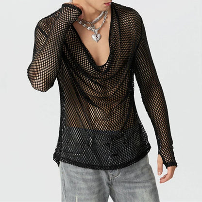Mens Sexy See-Through Mesh Long-Sleeved Top  New Genderless Nightclub Individuality Youthful Thin Low-Cut T-Shirt Unisex