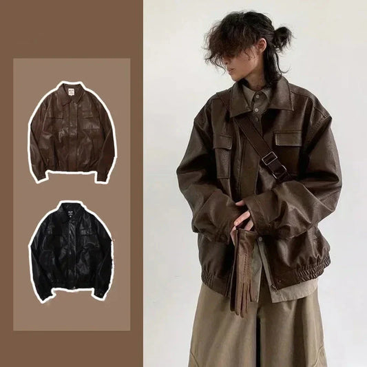 Motorcycle Leather Jacket Men Bomber Pilot Retro Loose Pu Short Coat Japanese Casual Streetwear Multi Pocket Trend Outwear New