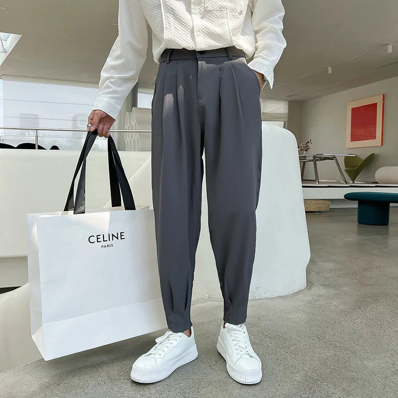 New Fashion Spring Summer Pants Men Tapered Bottom Slit Trousers Korean Style White Khaki Black Elastic Waist Casual Pants Man