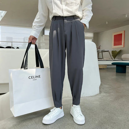 New Fashion Spring Summer Pants Men Tapered Bottom Slit Trousers Korean Style White Khaki Black Elastic Waist Casual Pants Man
