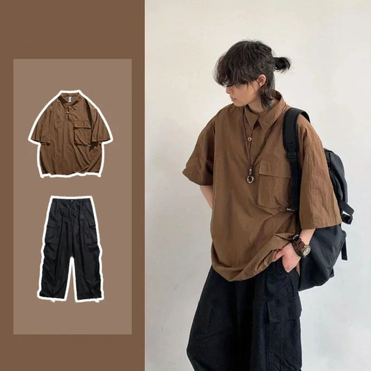New Summer Japanese Mens Set Harajuku Mid Sleeved Trendy Shirt+ Wide-leg Cargo Pants 2-pcs Thin Casual College Male Suit