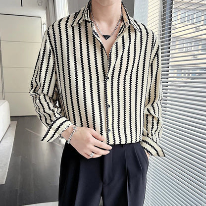 New Summer Men's Printed Shirts Oversized Clothing Casual Long Sleeve Striped Plaid Vintage Thin Draped Stretch Hawailan Blouses