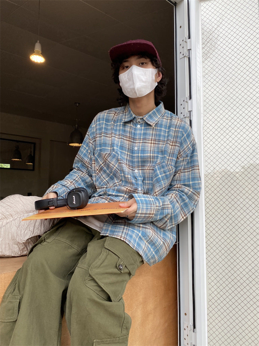 American retro plaid shirt men's spring and autumn new loose casual lazy style long-sleeved shirt versatile jacket top